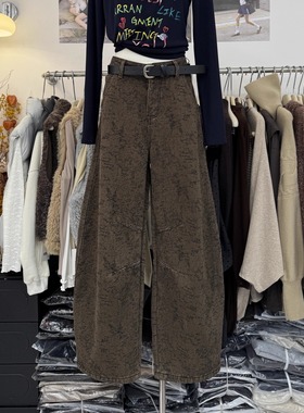 美式时髦高街廓形弯刀长裤女冬季加绒加厚宽松阔腿做旧提花牛仔裤