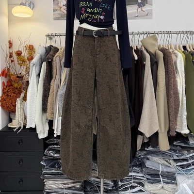 美式加绒加厚提花水洗高腰阔腿裤