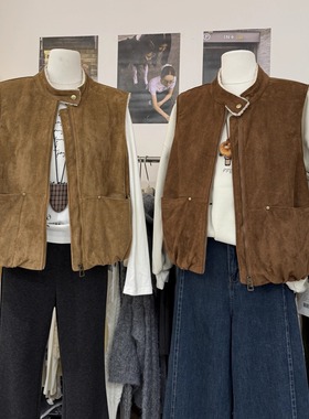 复古美拉德冬季加厚保暖皮毛一体麂皮绒立领马甲女百搭洋气短外套