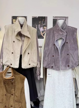 韩系复古设计感立领双排扣鹿皮绒皮毛马甲冬季坎肩保暖百搭背心女