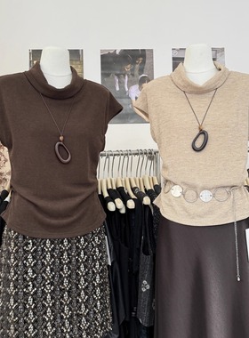 巨好穿~法式半高领小飞袖短袖t恤女秋季褶皱收腰修身短款气质上衣