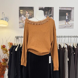长袖 时尚 斜肩百搭针织衫 木耳花边一字肩2025秋冬新款 女 单品法式