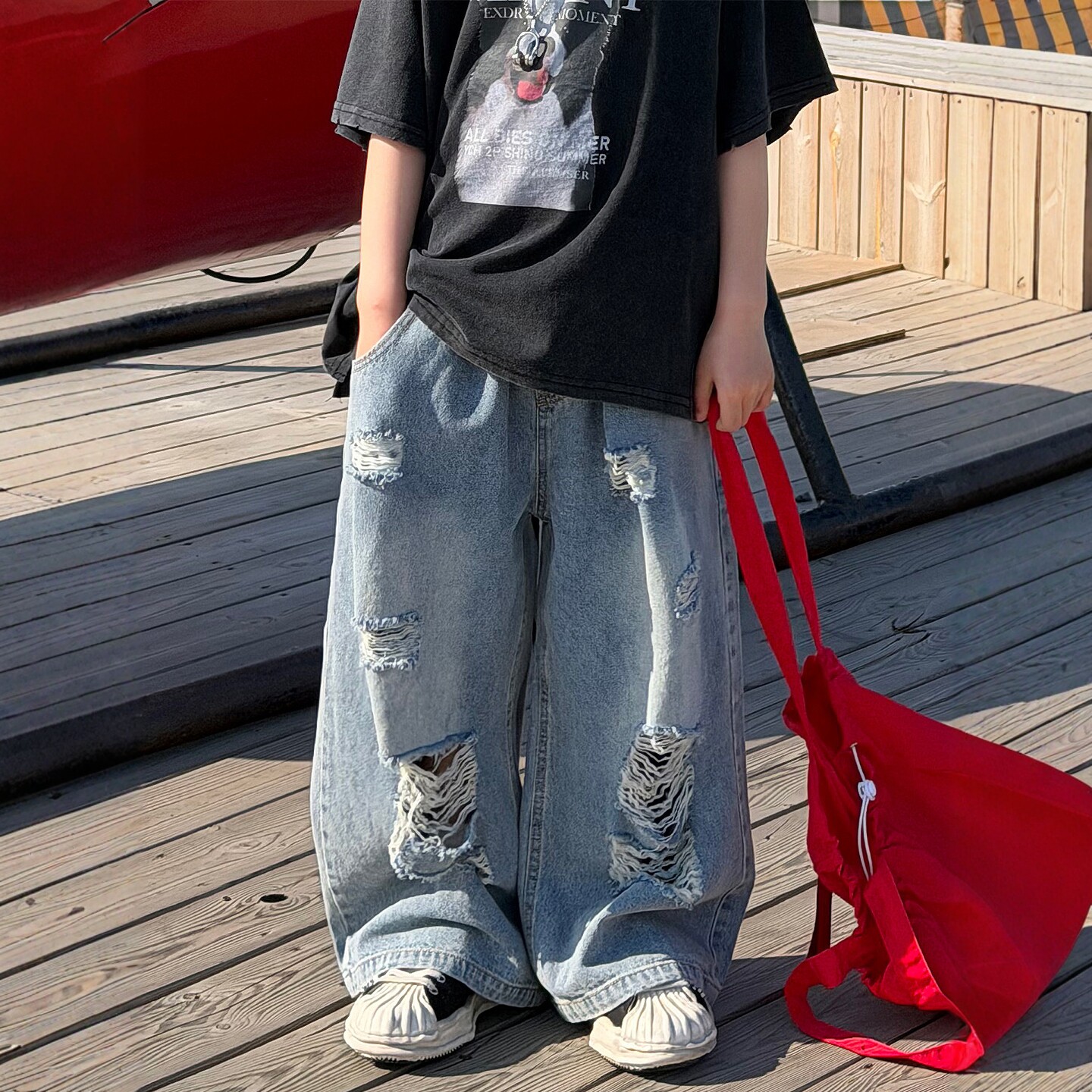 男童破洞水洗牛仔裤春夏薄款2026新款儿童宽松阔腿长裤男孩裤子潮