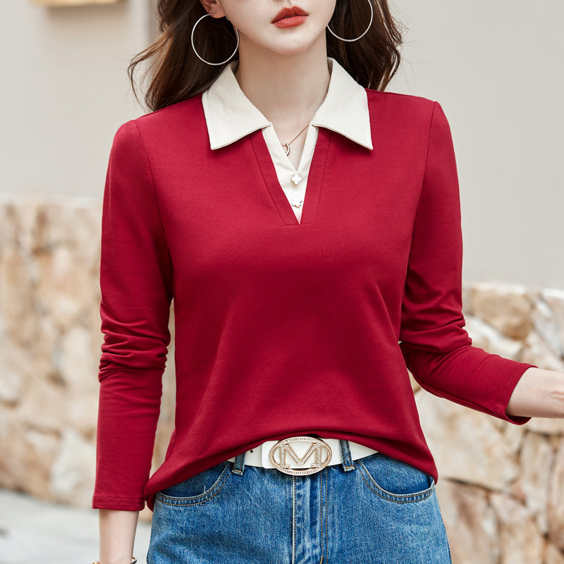 纯棉翻领长袖t恤女春秋装新款宽松Polo衫运动休闲洋气打底衫上衣