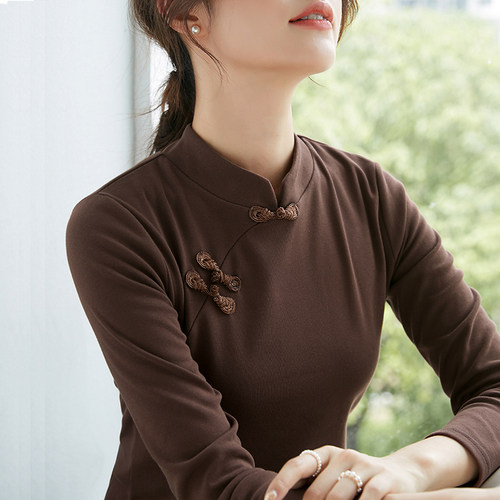 纯棉立领长袖t恤内搭女2025秋冬复古改良中式旗袍打底衫盘扣上衣