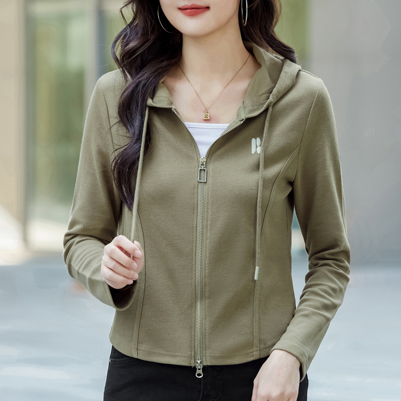连帽双拉链开衫长袖t恤女2025秋冬新款外套卫衣洋气宽松短款上衣