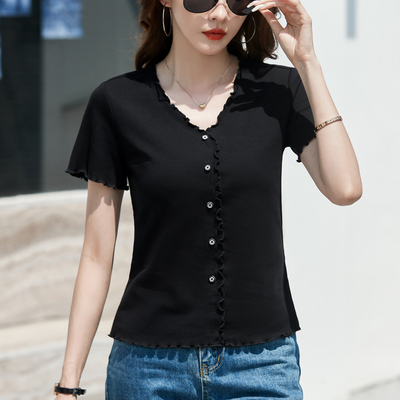 V领木耳边正肩短袖t恤女上衣2025夏季新款简约花边时尚小衫半袖女