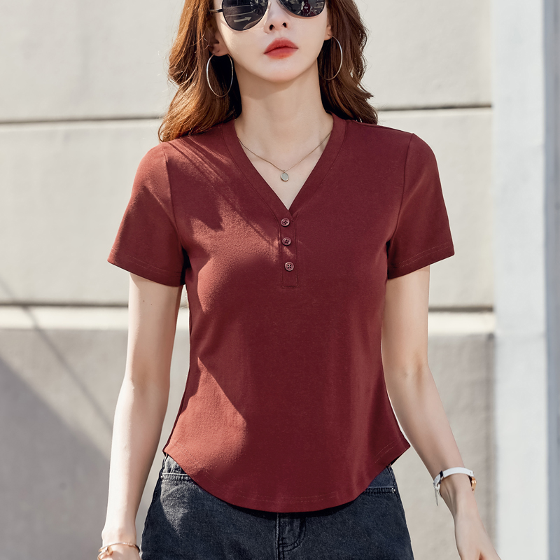 V领正肩短袖t恤女2025新款夏季设计感小众修身显瘦纽扣体恤衫上衣