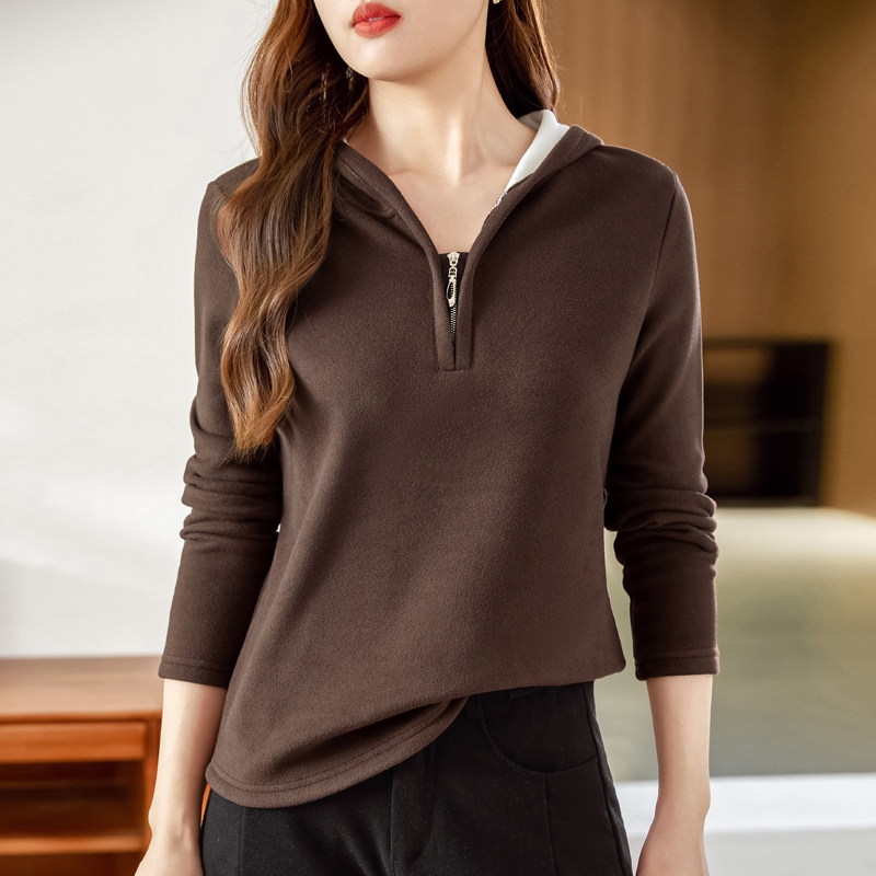 加绒加厚连帽卫衣长袖T恤女2025秋冬新款时尚洋气修身保暖上衣服