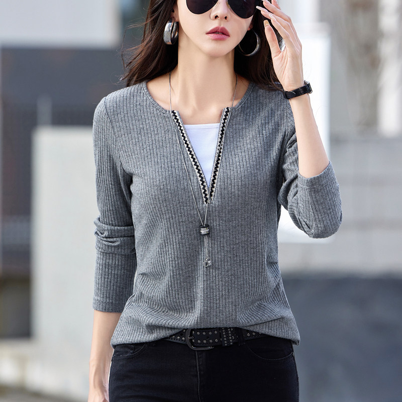 假两件V领正肩长袖t恤打底衫女2025春秋新款洋气修身褶皱显瘦上衣