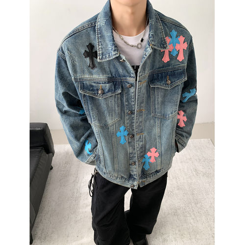贴皮十字架水洗牛仔外套男