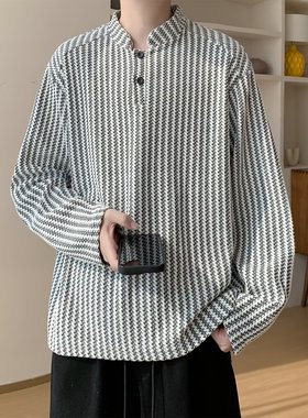 美式重磅鱼骨纹亨利领长袖t恤男春秋季潮牌宽松高街内搭打底衫