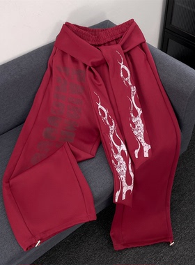 美式嘻哈火焰飘带弯刀卫裤男街舞hiphop潮牌炸街爵士舞阔腿运动裤