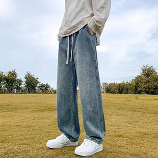 美式潮牌系绳牛仔裤男士春秋季新款宽松休闲男生直筒裤弯刀长裤子