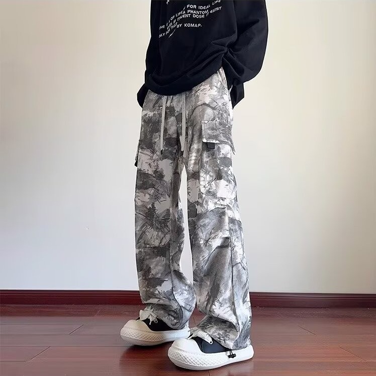扎染水墨画工装裤男宽松直筒卫裤秋季潮牌休闲长裤抽绳束脚运动裤