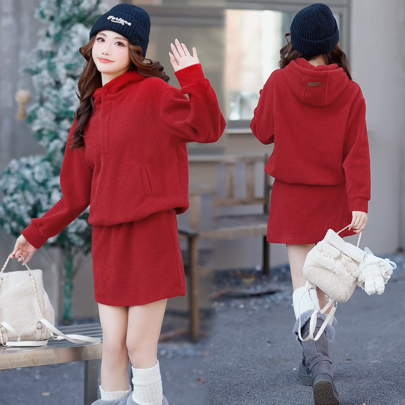 巨好看冬装一整套裙女2025新款红色系穿搭加绒连帽卫衣短裙两件套,女装/女士精品,时尚套装,淘宝优惠券,粉丝福利购,淘宝优惠卷