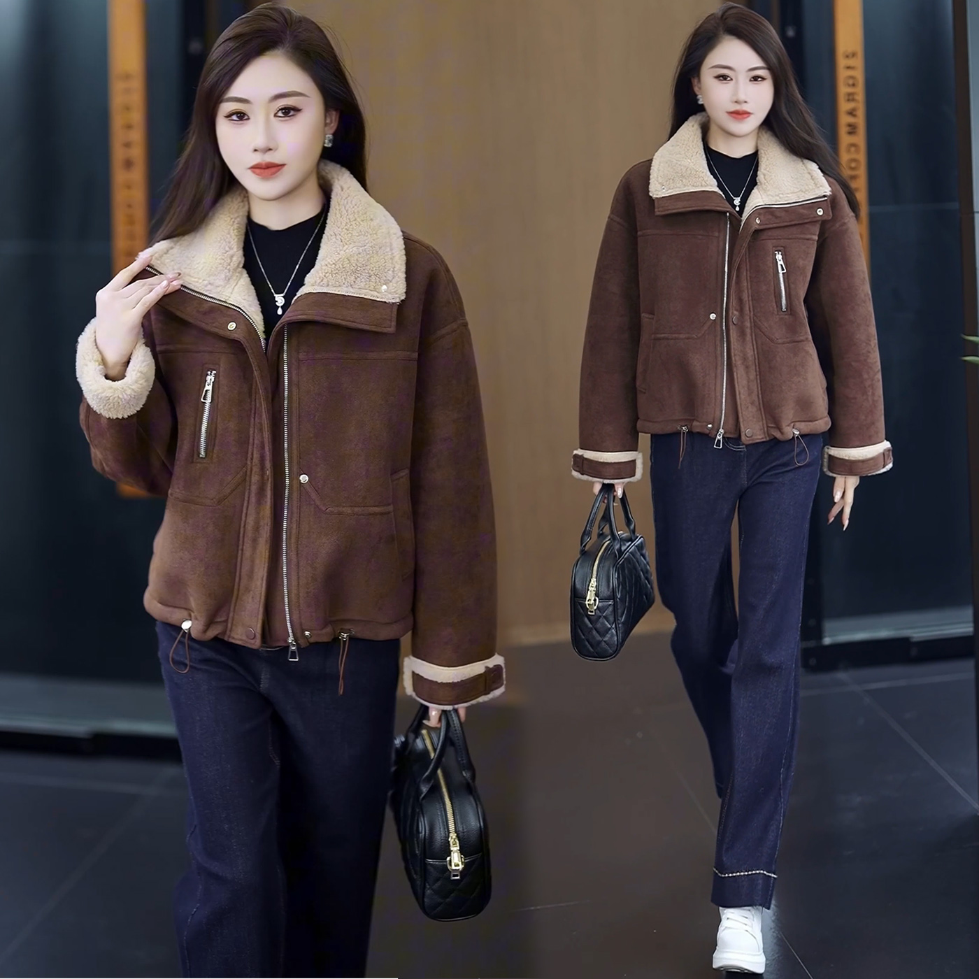 爆款秋冬麂皮绒短外套女