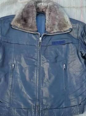 八成新02冬飞行员皮服冬季飞行皮衣皮服夹克外套天蓝色潮机车外套