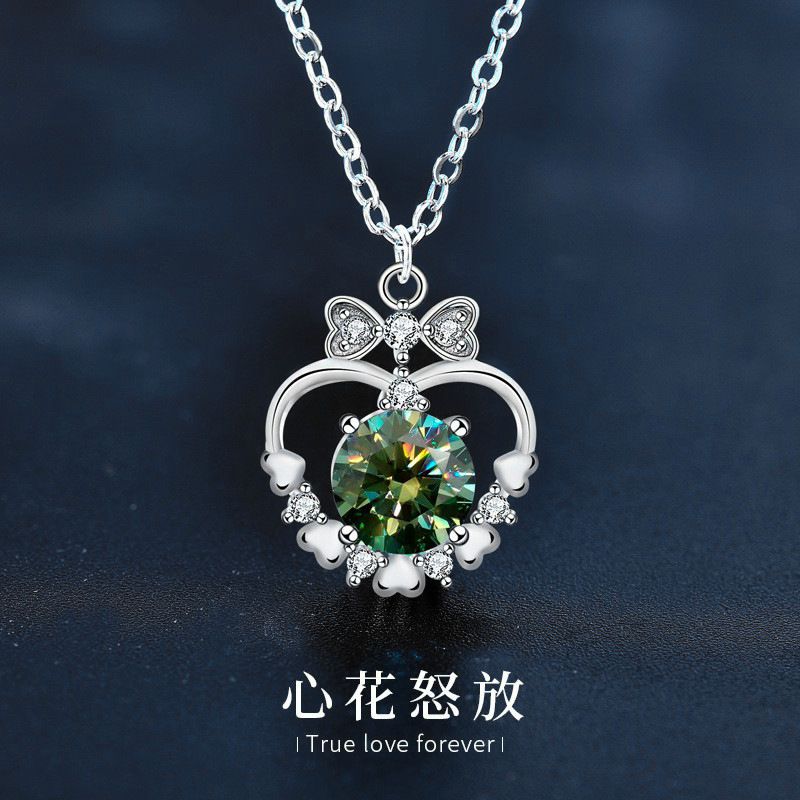 925银项链女百搭小众爱心蝴蝶结吊坠仿真宝石彩色莫桑首饰diy配饰
