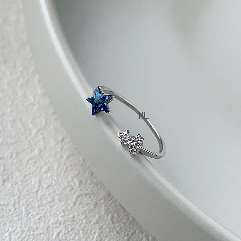 S925纯银蓝色极光星星戒指女水晶轻奢高级感指环小众设计ins尾戒