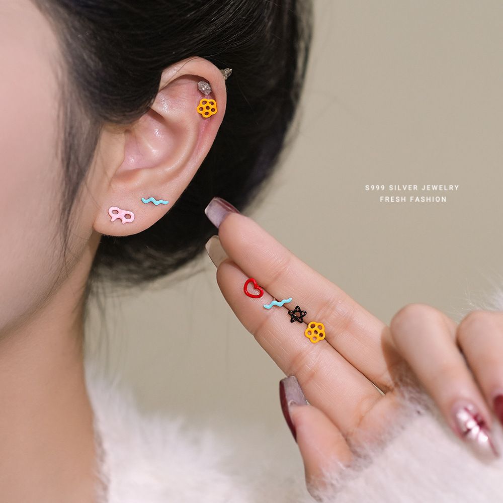 韩版可爱童趣滴胶爱心星星蝴蝶结耳钉女s999纯银小众设计足银耳饰