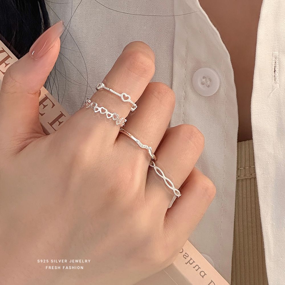 简约镂空爱心戒指女s925纯银个性线条食指戒百搭开口指环手饰