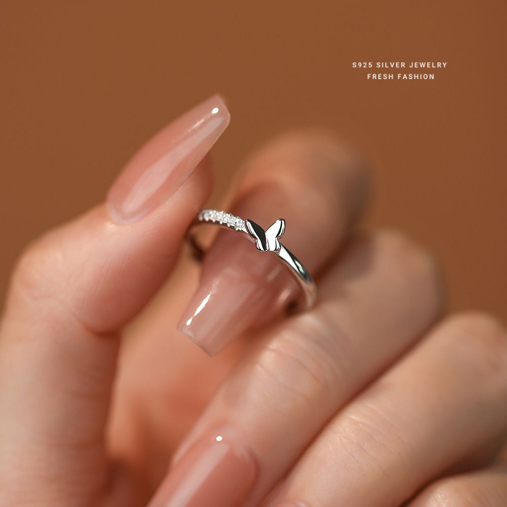 森系冷淡风蝴蝶戒指女s925纯银轻奢百搭微镶锆石指环开口食指戒