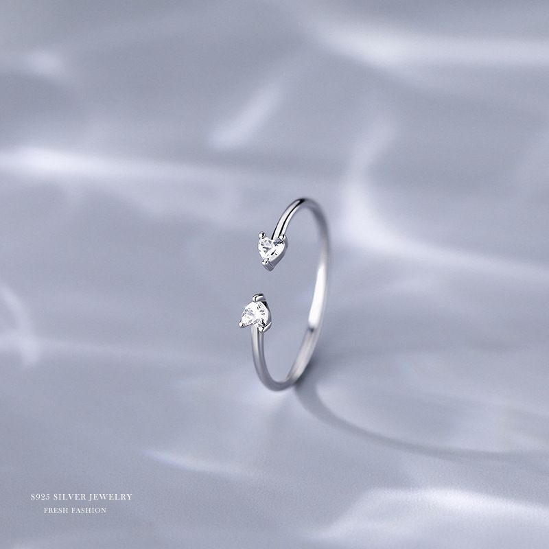云小舒s925银简约戒指女日韩版小清新几何爱心双钻甜美潮流手饰品