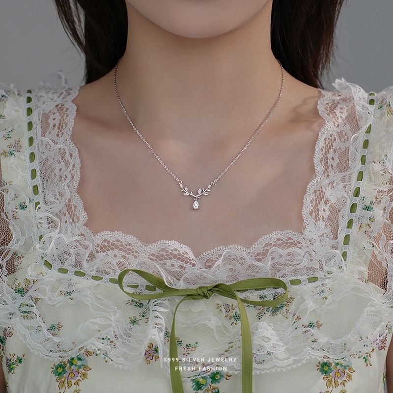 轻奢百搭月桂女神项链女s999纯银小众高级感树叶锆石锁骨链足银