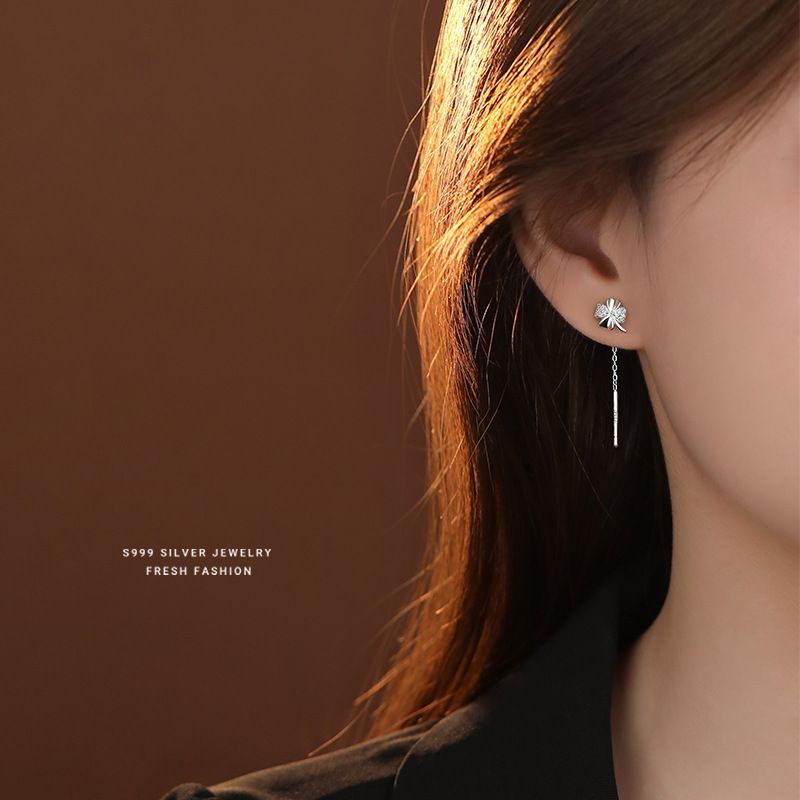 四叶草耳线女s999纯银森系小清新百搭微镶耳钉学生足银耳饰
