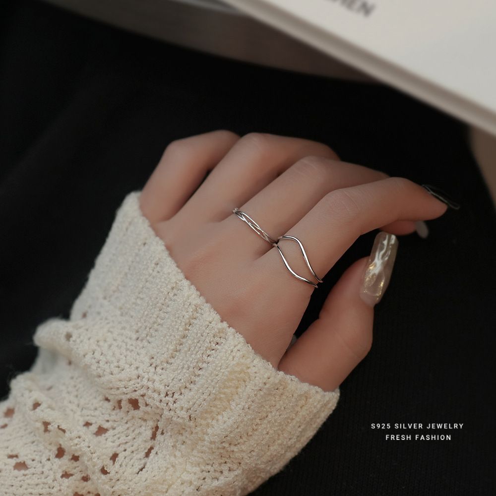 s925纯银双层线条戒指女极简气质几何曲线冷淡风镂空设计指环