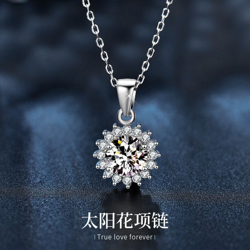 莫桑925纯银太阳花项链ins女士欧美花朵吊坠锁骨颈链饰品