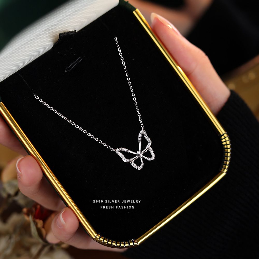 s999足银微镶边锆石镂空蝴蝶项链女轻奢高级感超闪小众网红锁骨链