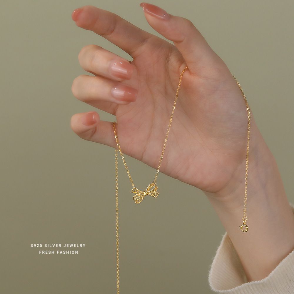 时尚轻奢镂空蝴蝶结项链女s925纯银小众设计感百搭锁骨链ins首饰