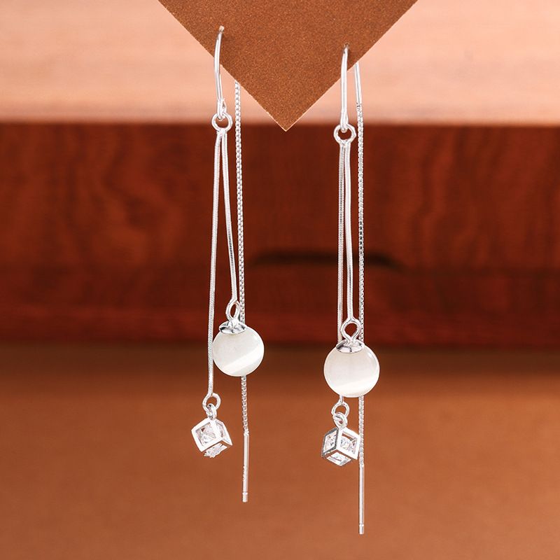 S925纯银魔方猫眼耳线女 韩版INS长款流苏方块耳环小众设计感耳饰