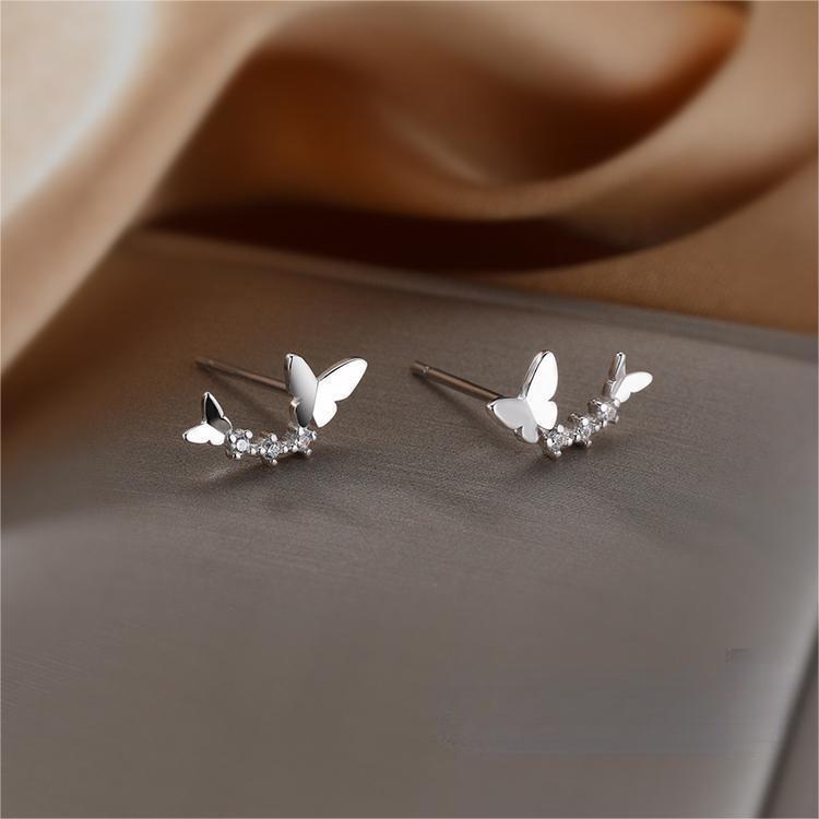 S999纯银耳钉 迷你弧形双蝴蝶蝶舞耳环日韩感设计感小巧微镶耳饰