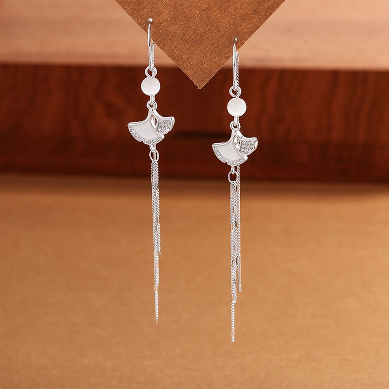 韩国新款925纯银银杏叶长款流苏耳饰猫眼石耳线时尚耳环女580EX