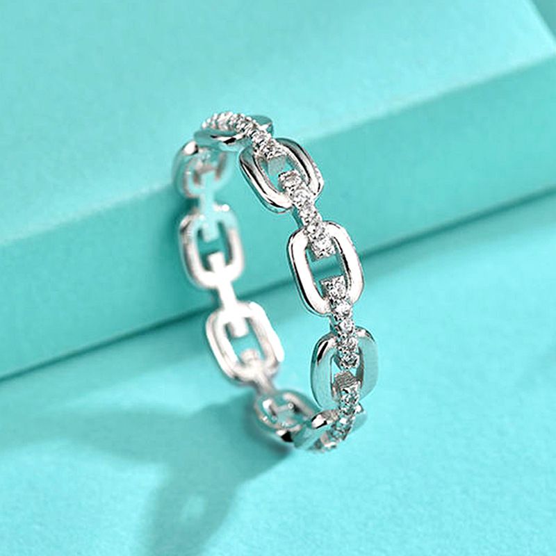 925纯银镂空几何戒指不掉色链条镶钻女戒欧美ins风饰品