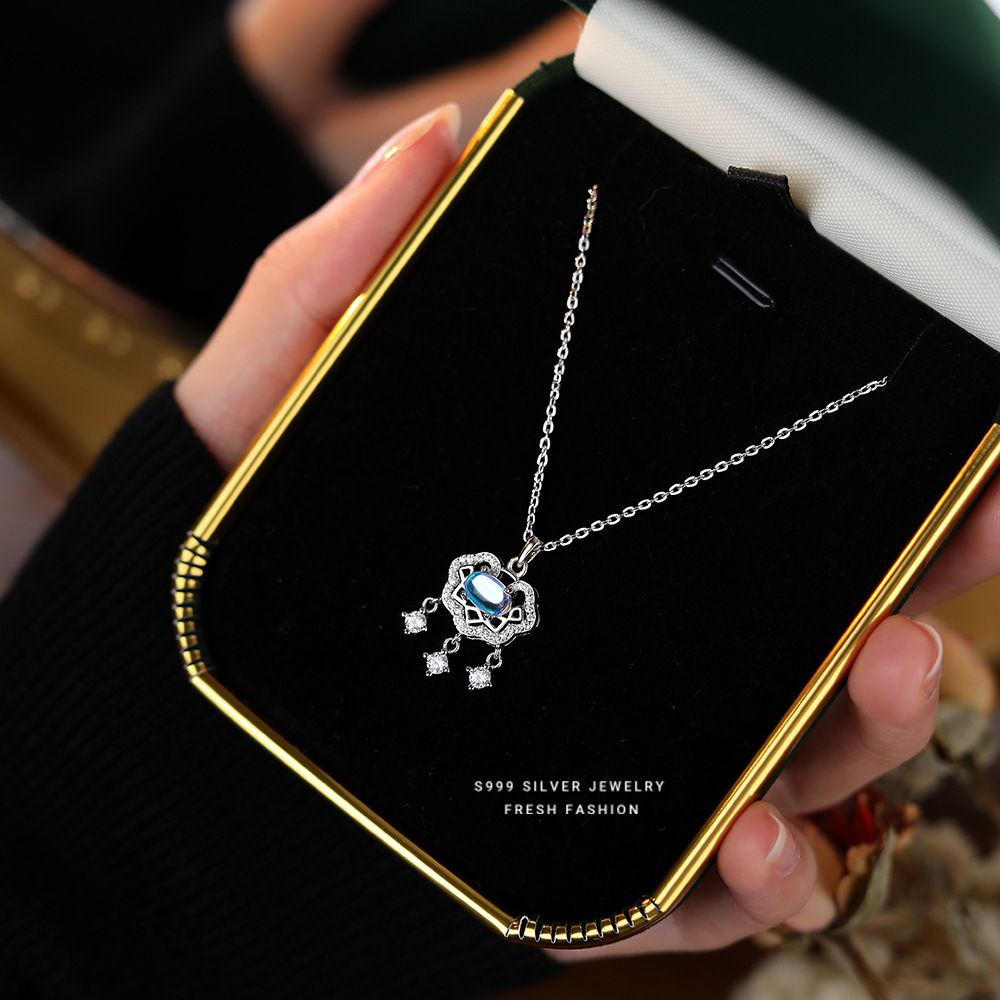 s999足银平安锁项链轻奢小众国风本命年复古气质锆石月光石锁骨链