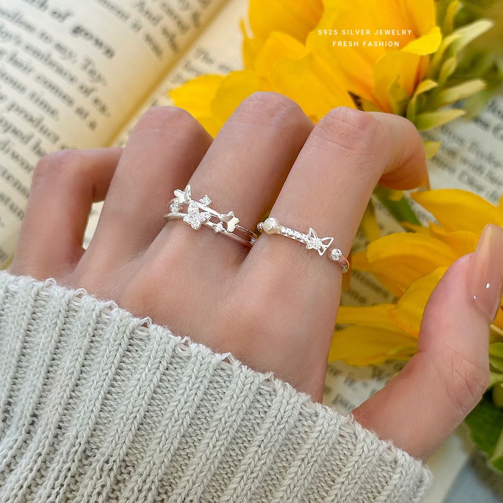 s925纯银锆石蝴蝶双层戒指女珍珠镂空手饰叠戴设计感开口指环代发