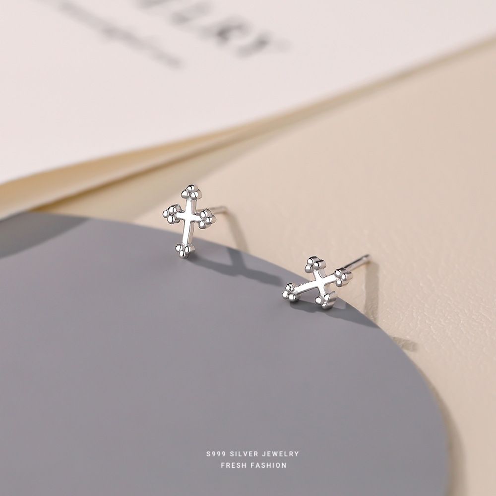 个性潮流迷你十字架耳钉女s999纯银韩版时尚百搭足银耳饰男代发