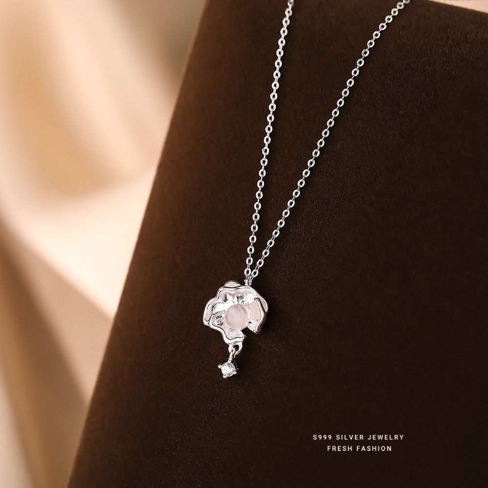 S999纯银粉水晶花朵项链女微镶流苏小清新时尚百搭锁骨链2025夏款