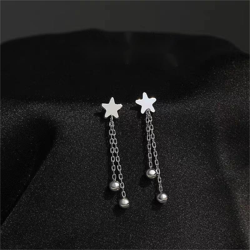 S999纯银星星流苏耳钉韩版简约小清新长款五角星链条耳坠超仙甜美