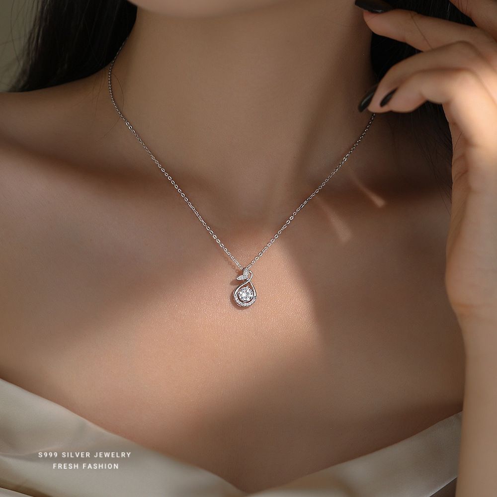 s999纯银鱼尾锆石项链女轻奢百搭高级感美人鱼吊坠小众足银锁骨链