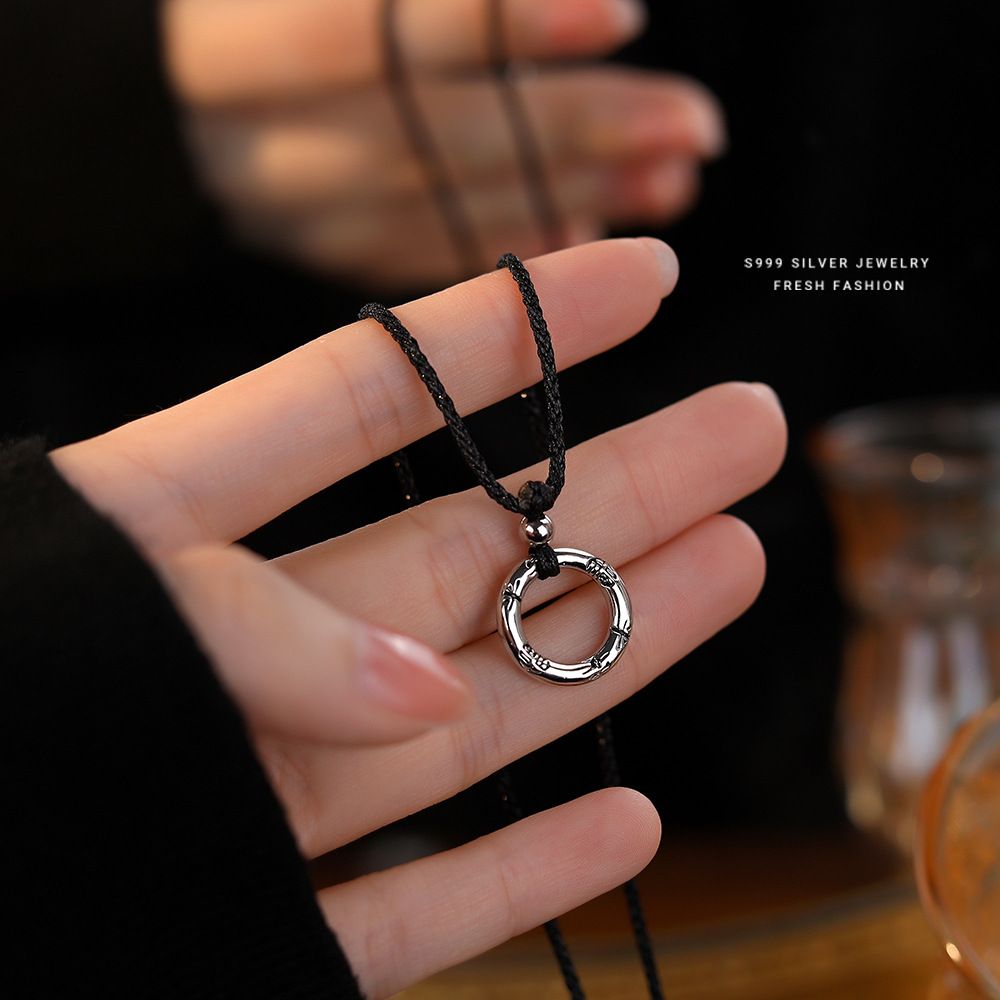 s999足银编织黑绳平安福圆环项链女情侣款个性简约百搭平安扣吊坠