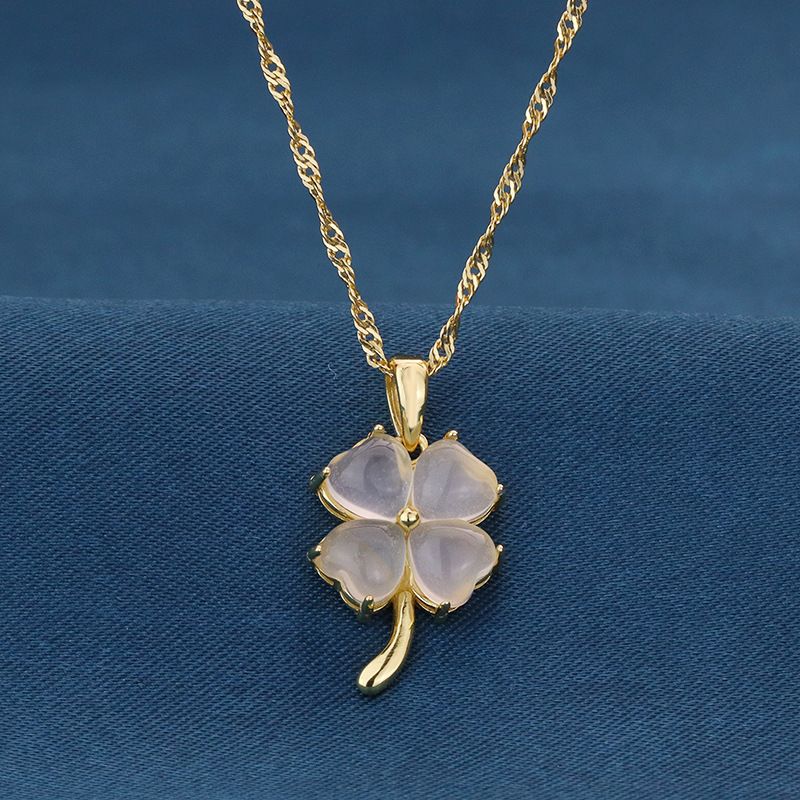 S925纯银天然玉髓和田玉项链女轻奢高级感小众设计感四叶草锁骨链