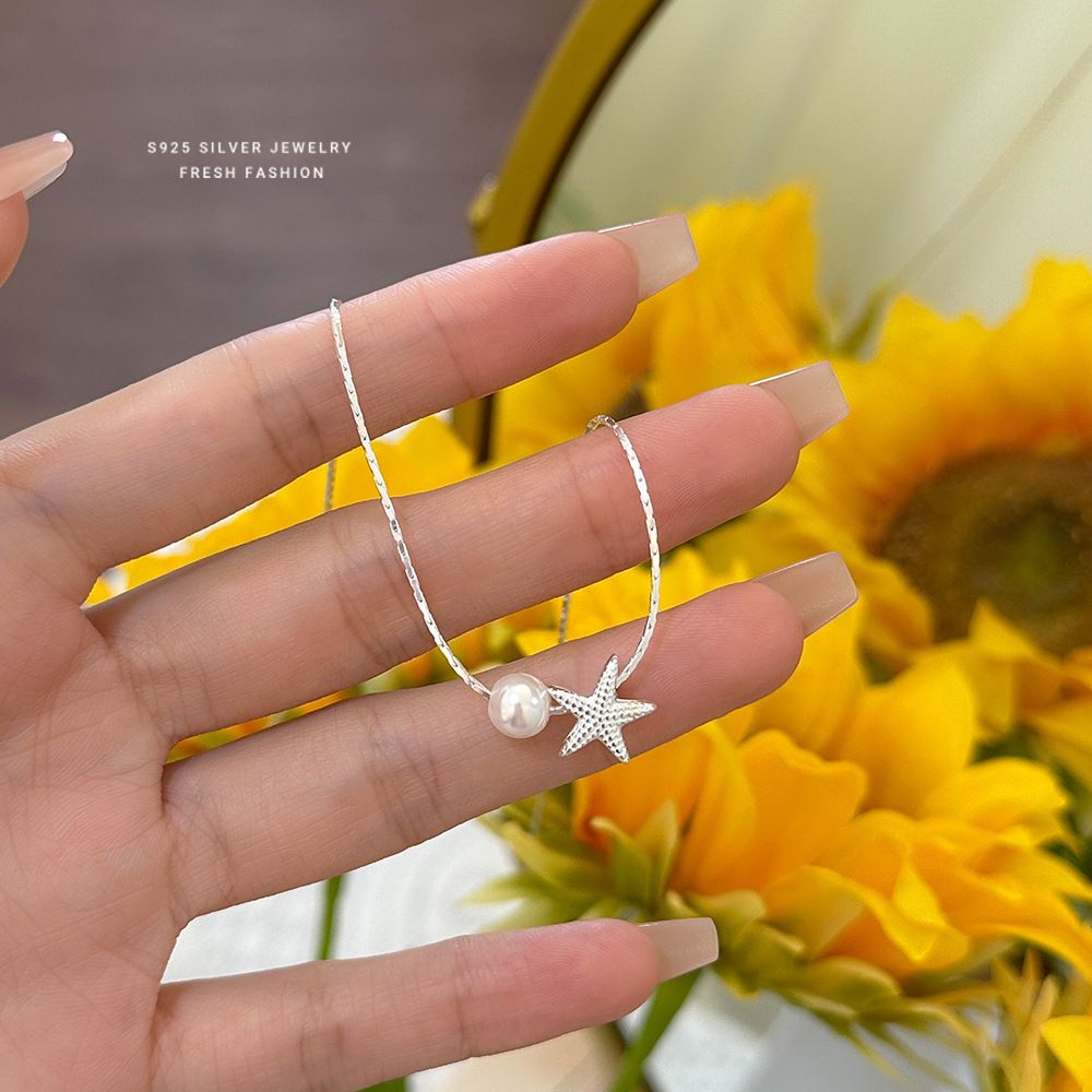 s925纯银海星圆珠项链女小众设计感时尚百搭韩版极简冷淡风锁骨链