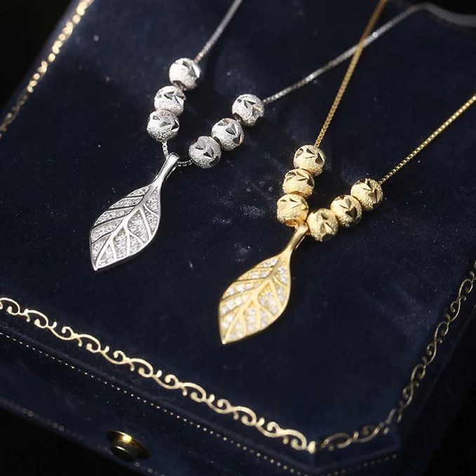S925纯银五福珠树叶子项链女韩版百搭轻奢感车花黄金色转运珠吊坠