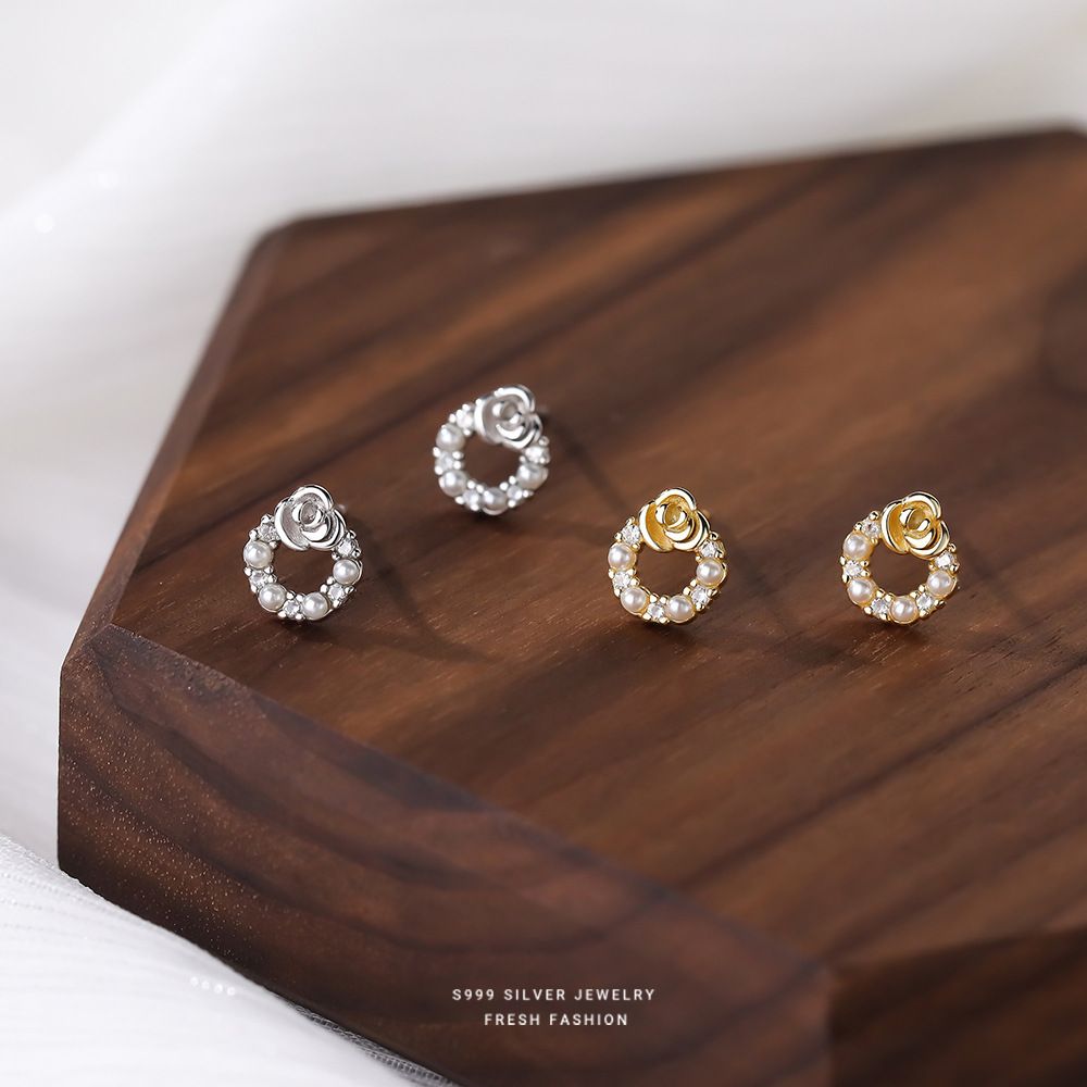 法式复古s999纯银圆珠玫瑰花环耳钉女轻奢气质小巧小众足银耳饰