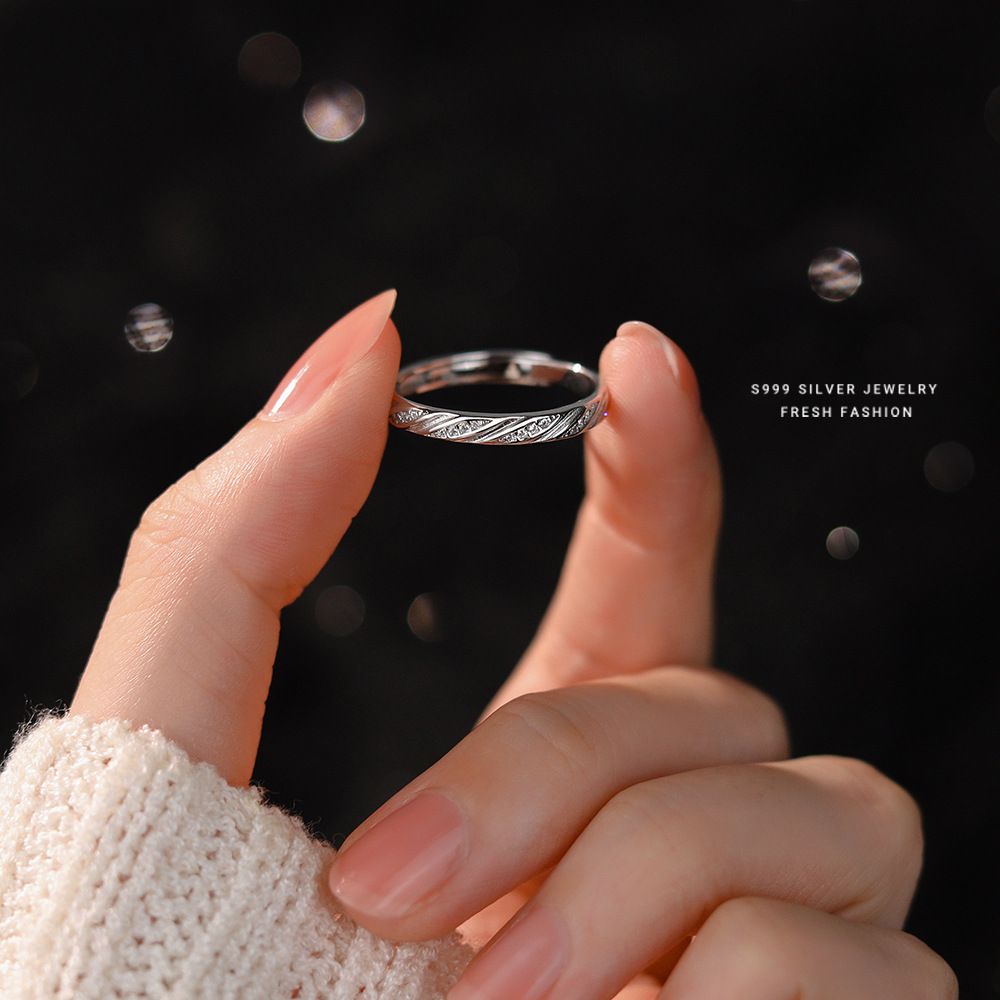 s999足银戒指微镶锆石简约时尚轻奢小众设计高级感个性开口戒